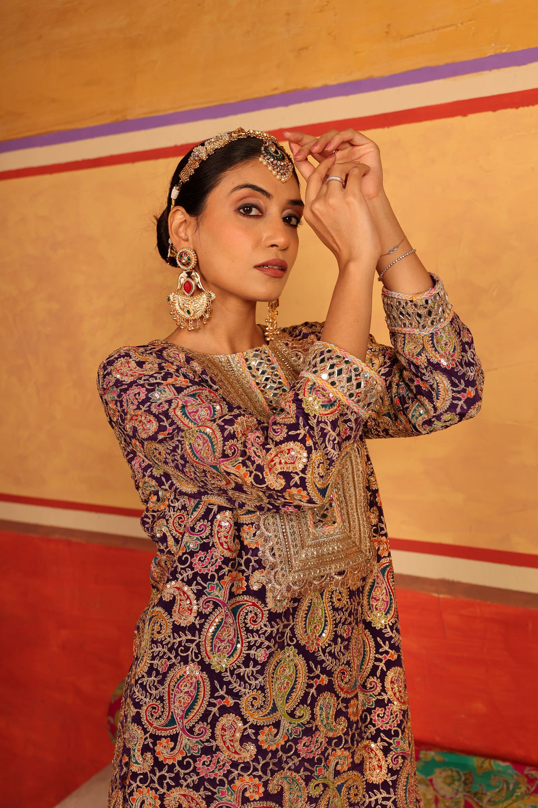 Elizey Paisley Embroidered Sharara Set - Purple