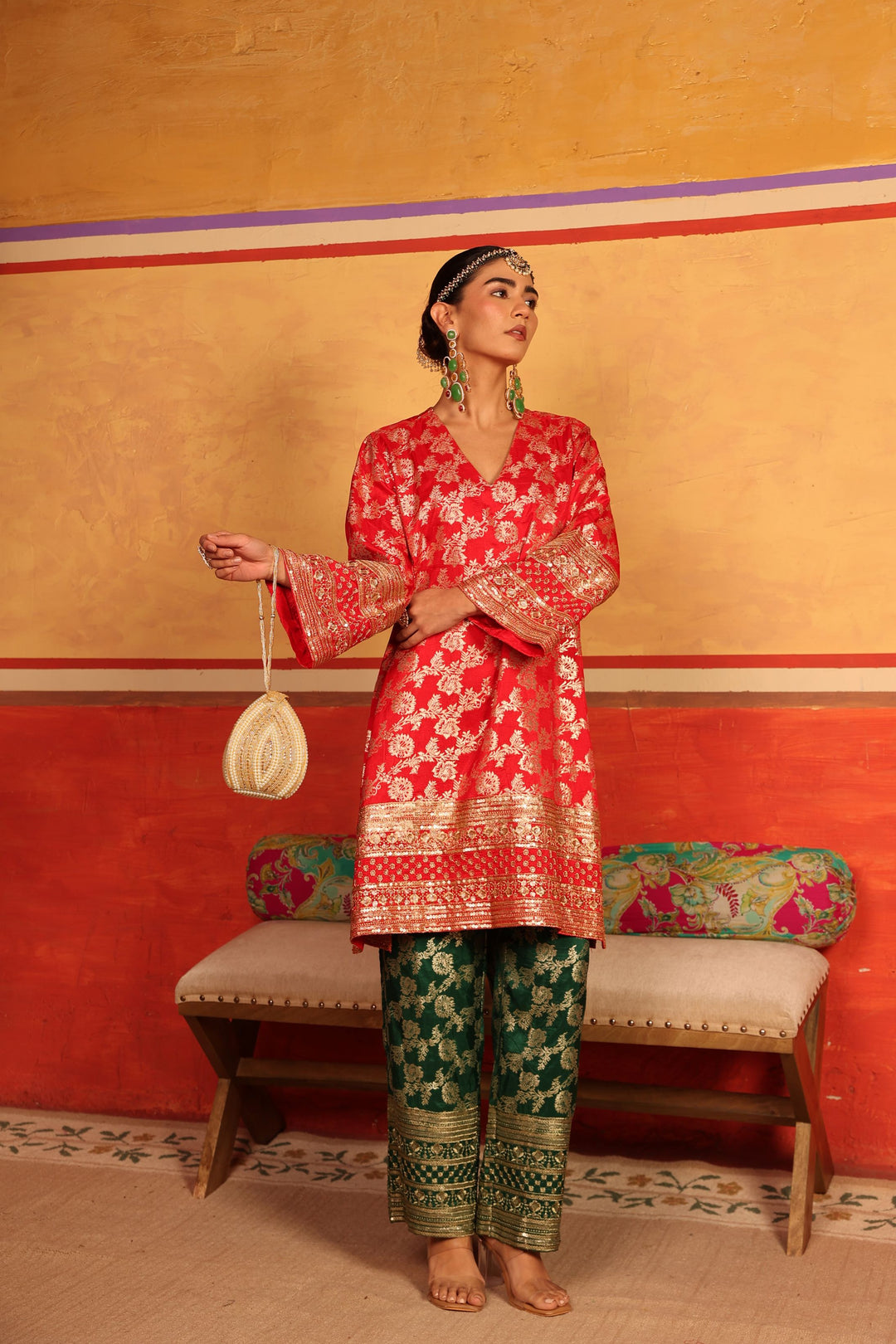 Banarasi Begum Tunic Set - Red and Dark Green