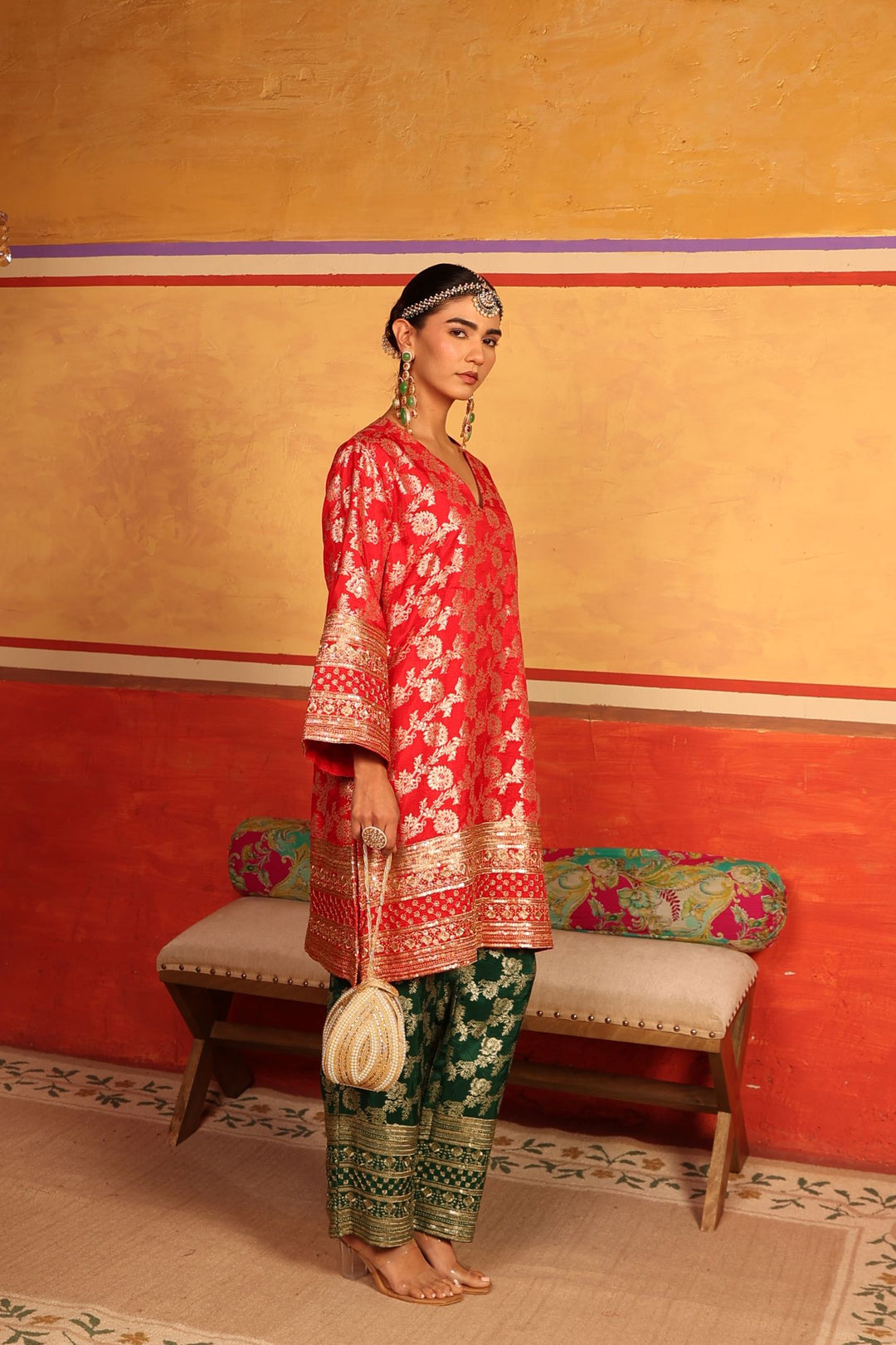 Banarasi Begum Tunic Set - Red and Dark Green