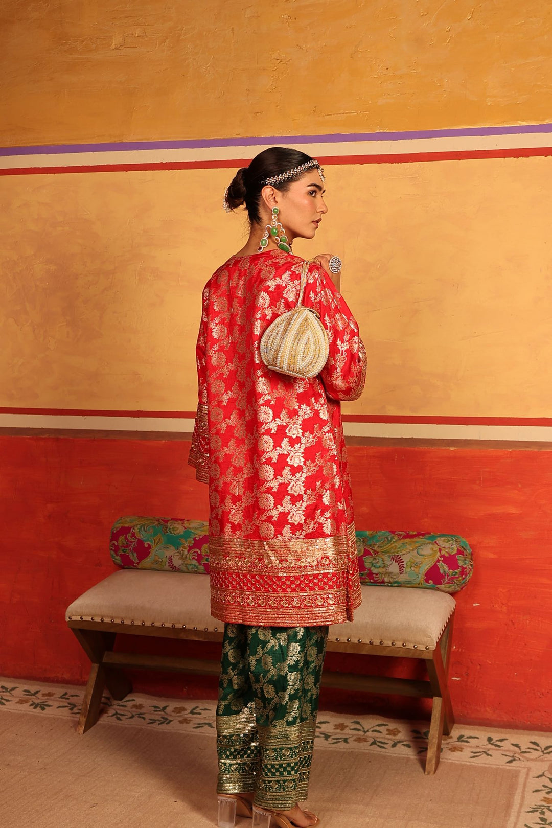Banarasi Begum Tunic Set - Red and Dark Green