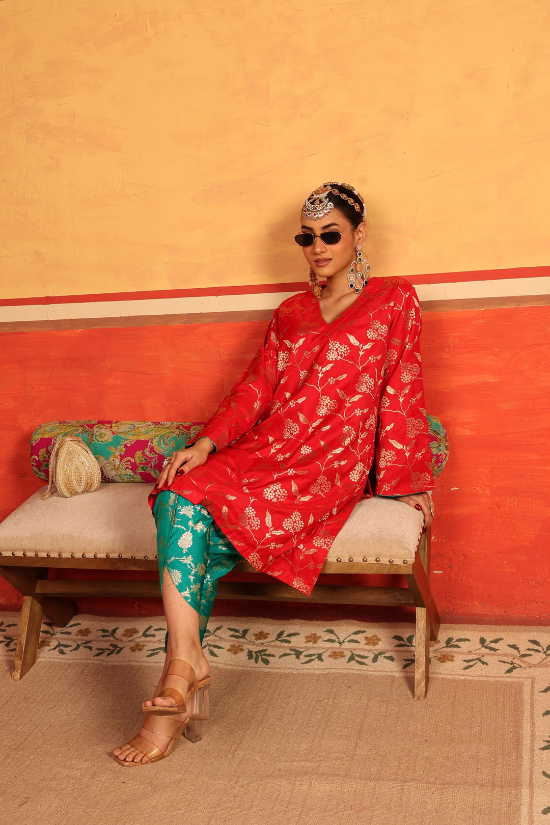 Banarasi Begum Tunic Tulip Set - Red and Dark Green