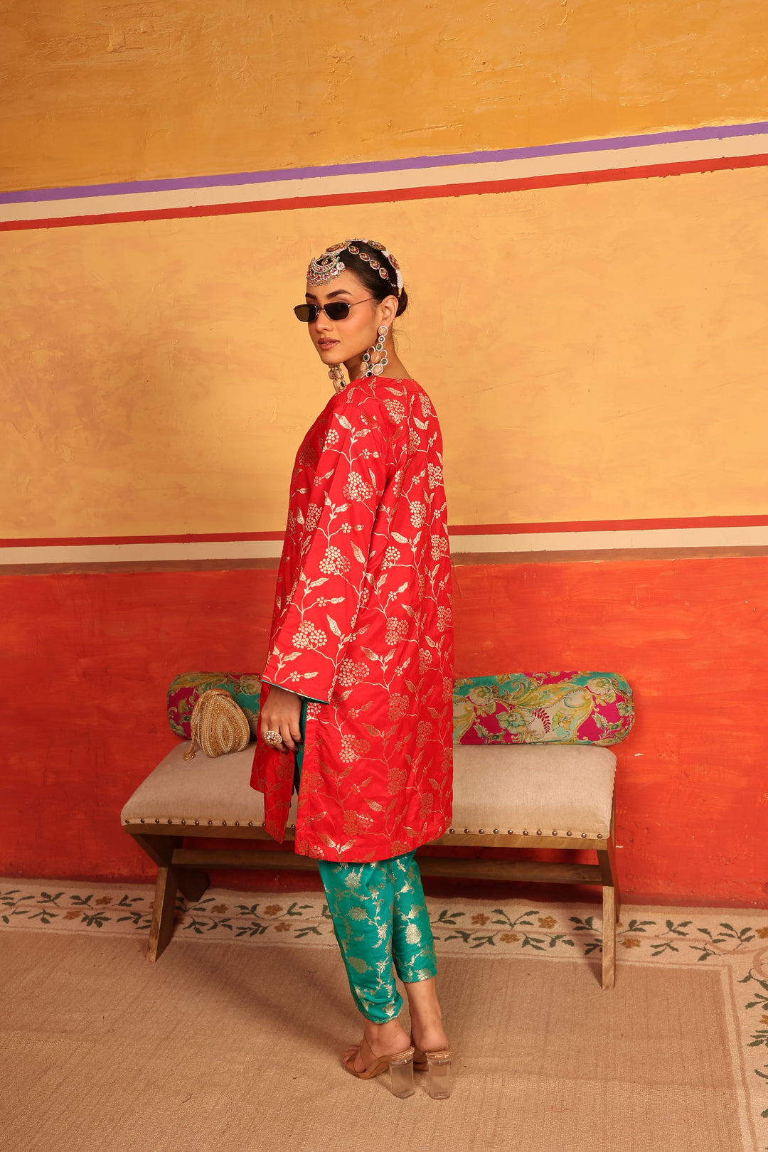 Banarasi Begum Tunic Tulip Set - Red and Dark Green