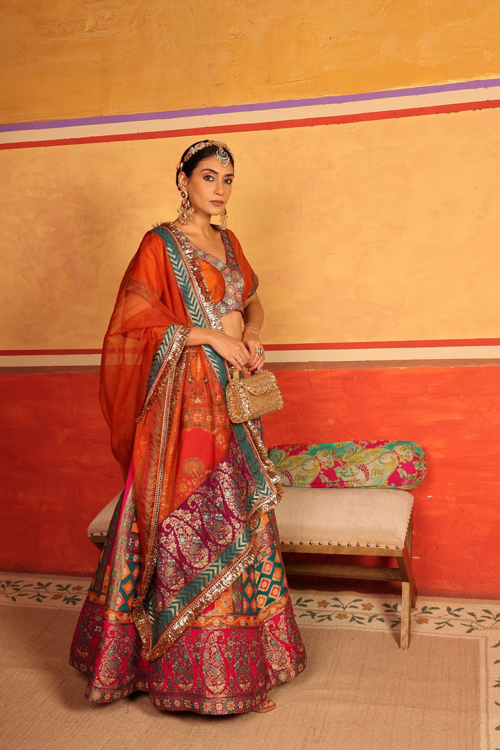 Banarasi Begum Lehnga Set - Colorful Yellow Orange