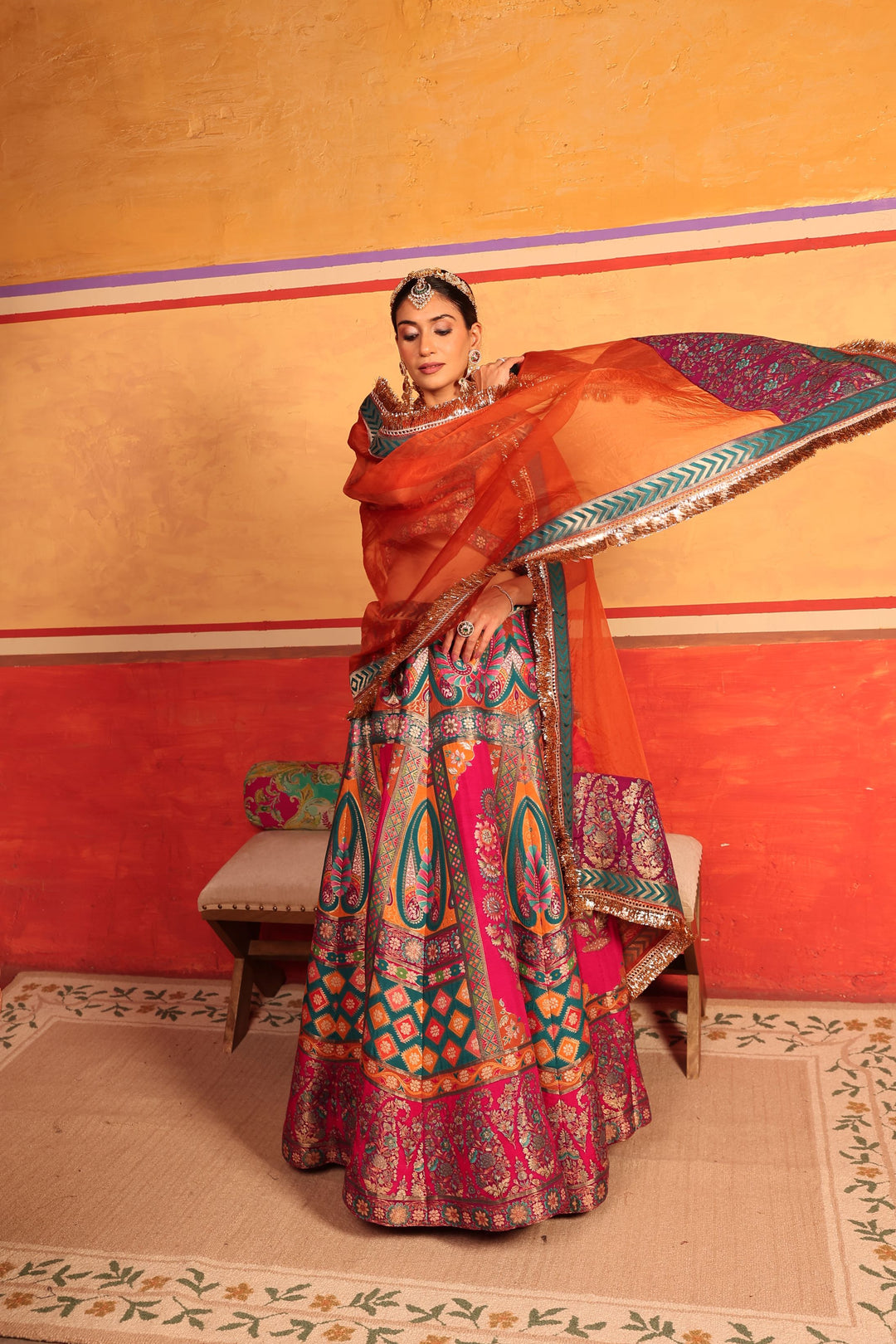 Banarasi Begum Lehnga Set - Colorful Yellow Orange