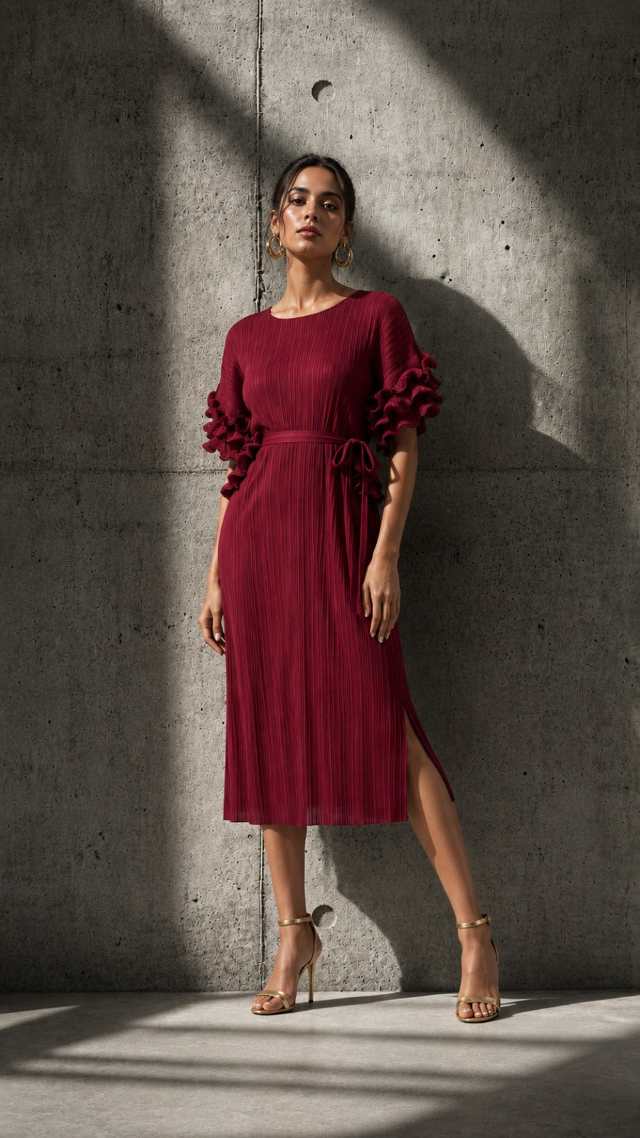 Rosalynn Ruffle Sleeved Dress - burgundy