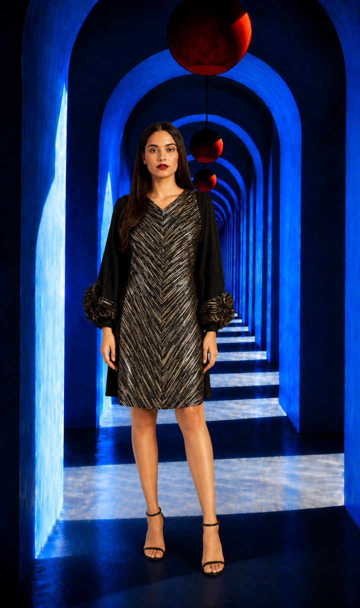 Patricia Flower up Sleeve Metallic Dress - Black
