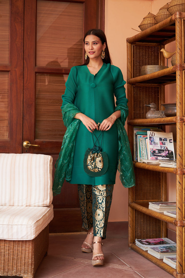 Elegant Pleated & Brocade Tunic Set with Dupatta and Potli- Green