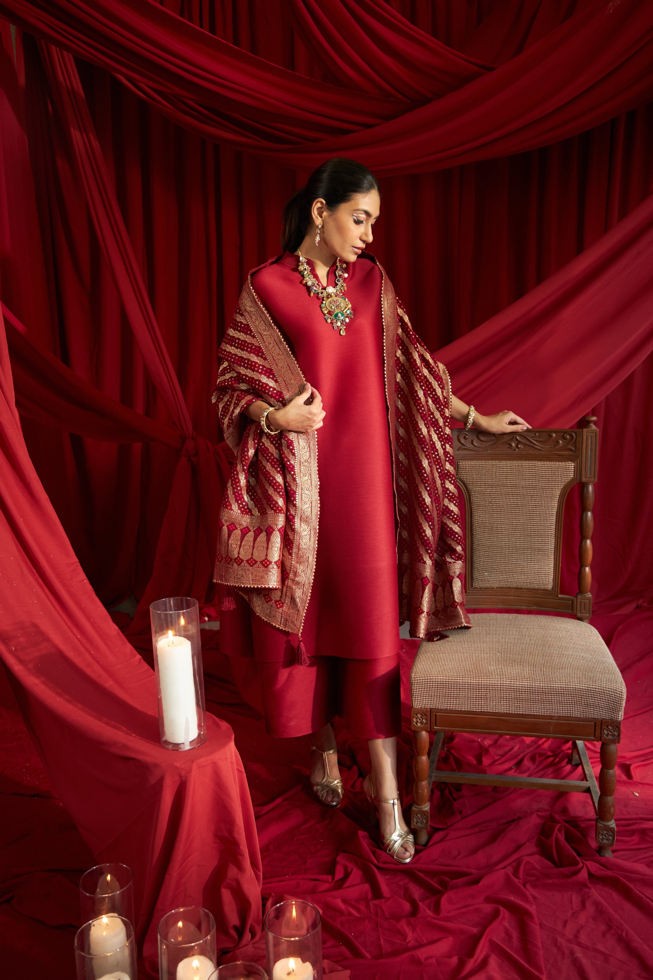Myra Mandarin Kurta with Culotte Pants and Bandhani Chunni - Red