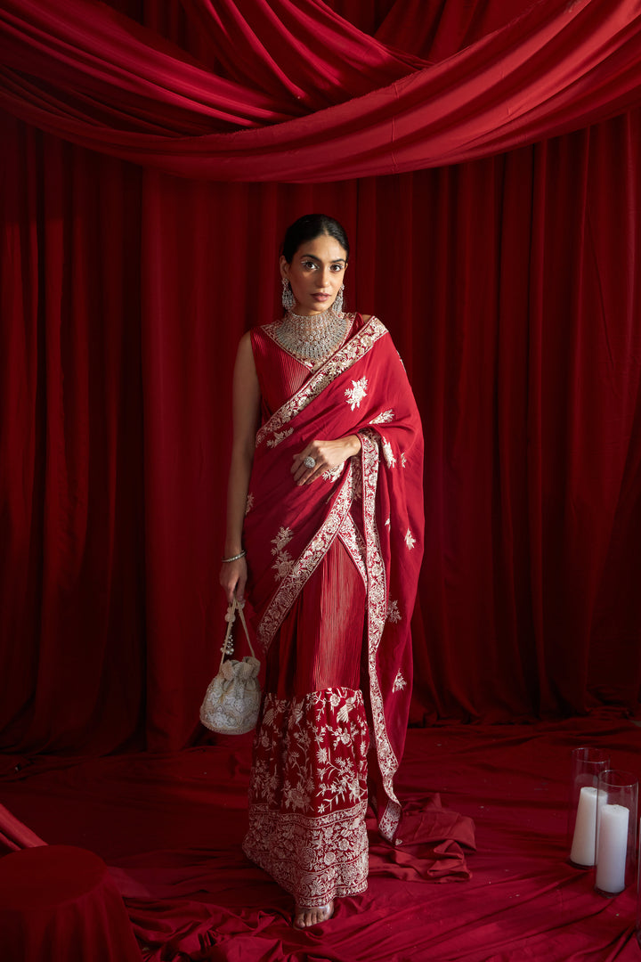 Reyna Glazed Classy Pleated Gown Saree with Gara Palla and Belt - Red