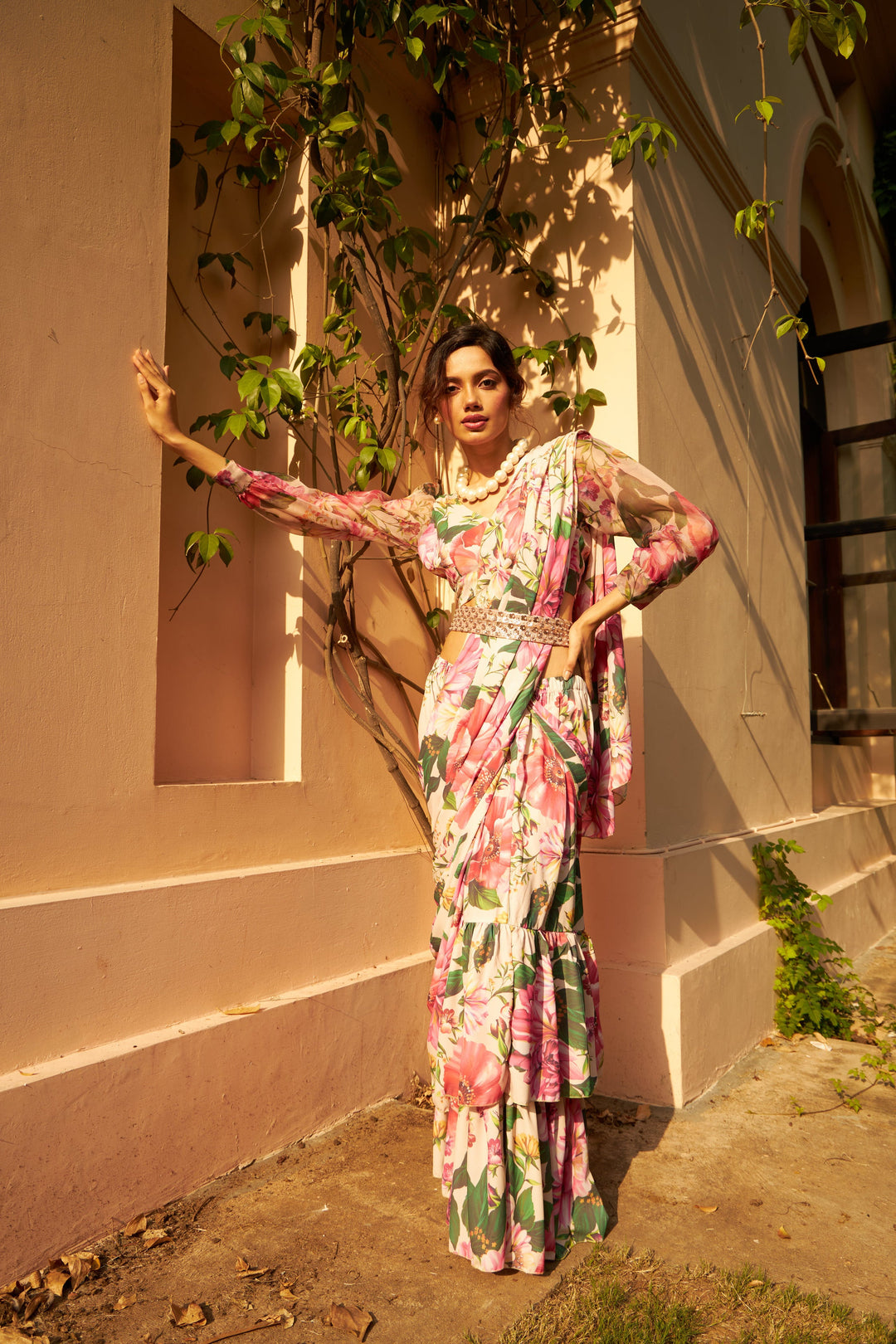 Floral Fantasy Ruffled Skirt Saree with Puff Sleeve Blouse - Pink Magic