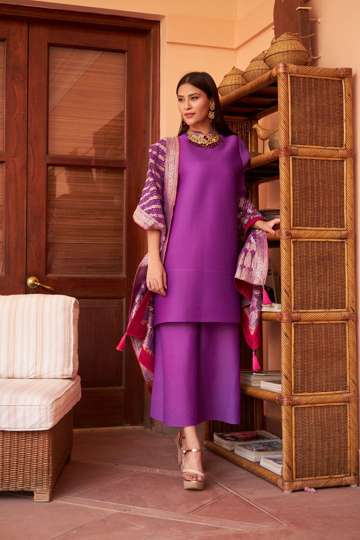 Myra Mandarin Kurta with Culotte Pants and Bandhani Chunni - Purple