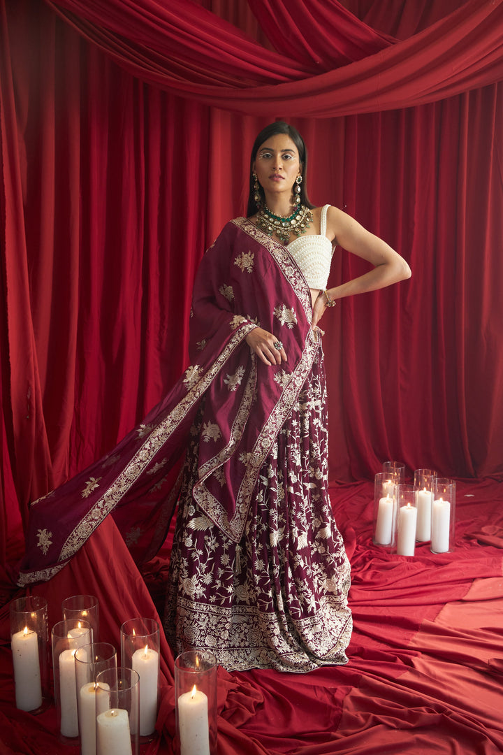 Reyna Gara Glazed Ghagra with Pearl Blouse and Dupatta- Wine