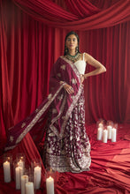 Load image into Gallery viewer, Reyna Gara Glazed Ghagra with Pearl Blouse and Dupatta- Wine