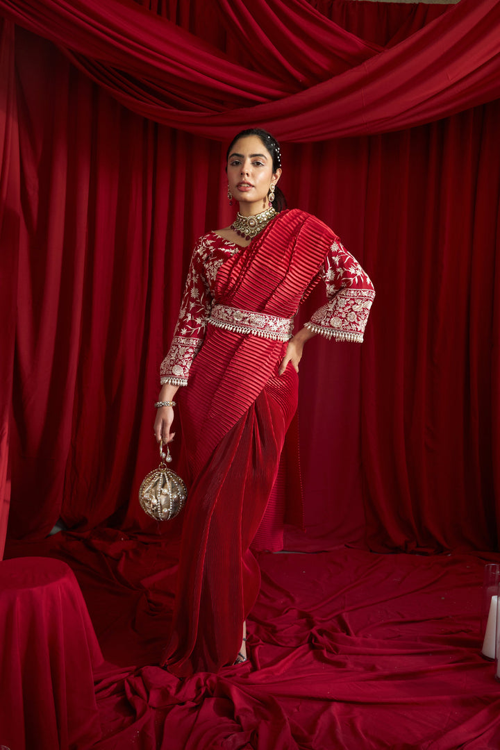 Reyna Glazed Pleated Skirt Saree with Gara Bell Sleeve Blouse and Belt - Red