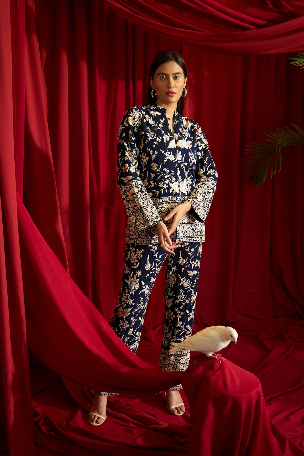 Reyna Gara Glazed Potli Button Jacket With Coordinated Pants- Navy Blue