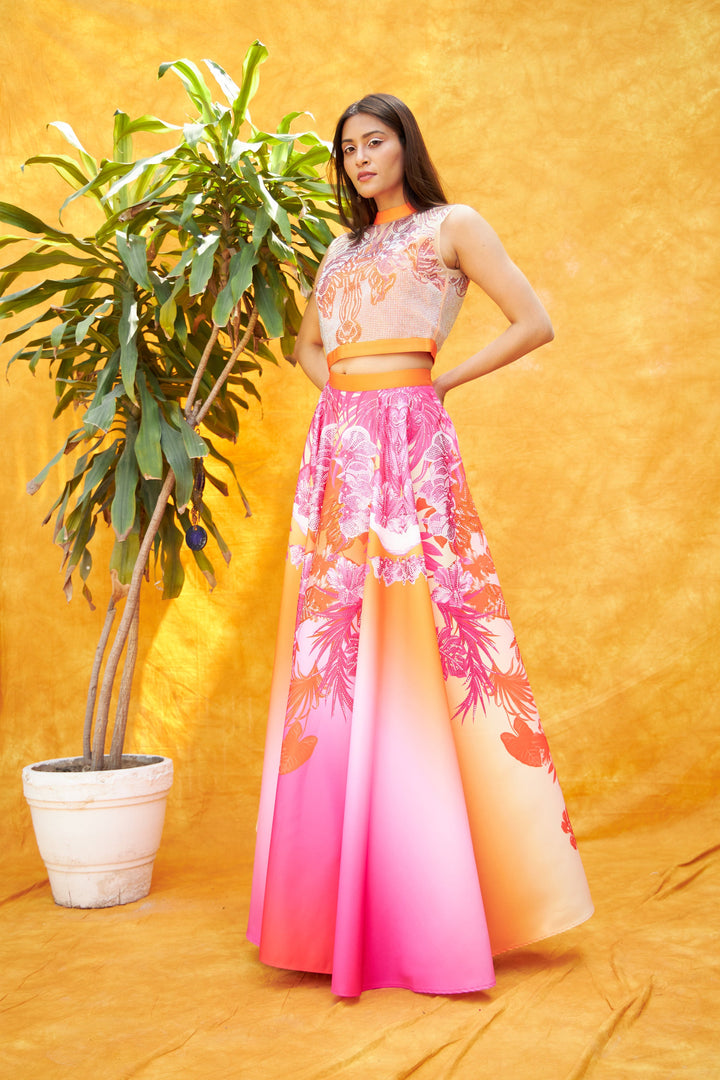 Digital Printed Ghagra with Embellished Blouse - Pink Orange