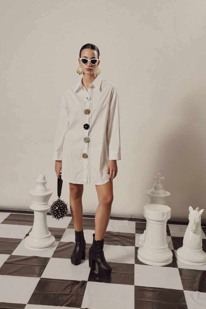 Beatrix Bejeweled Button Me Up Shirt Dress - White