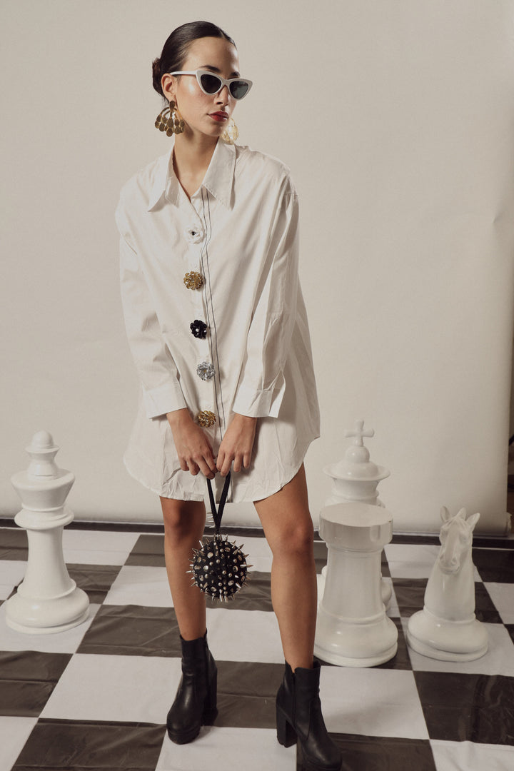 Beatrix Bejeweled Button Me Up Shirt Dress - White