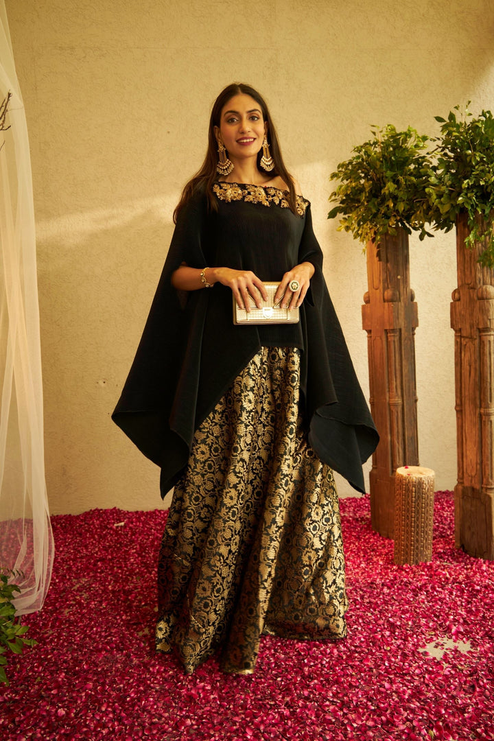 Divine Embroidered Cape with Brocade Pants  - Black