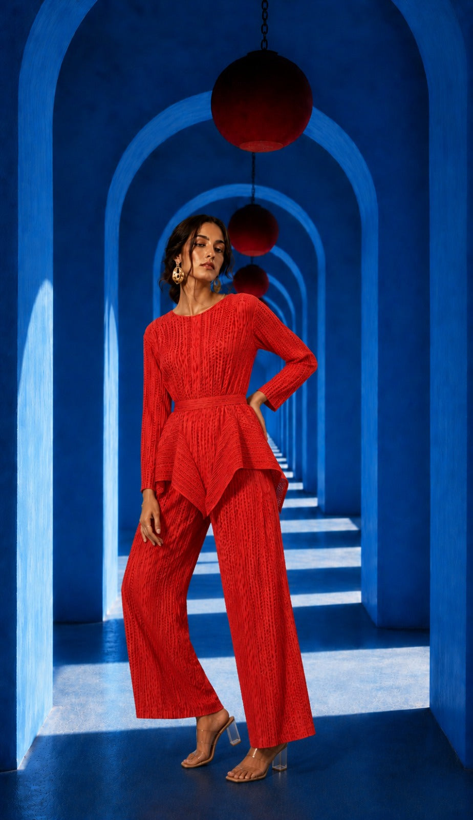 Paisley Peplum with Straight Pants - Red