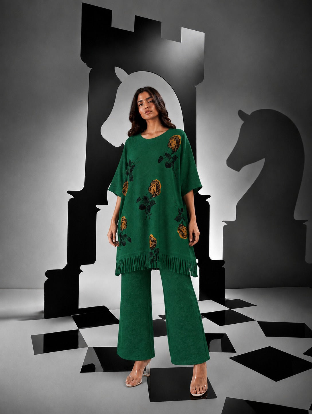 Lowyl Rosy Fringe Tunic Set with Scarf - Emerald green