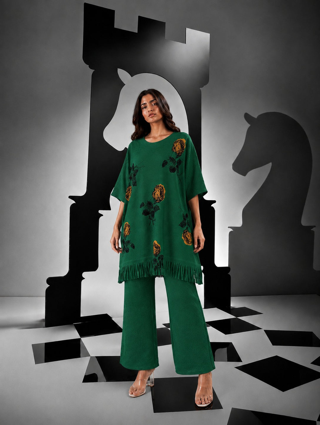 Lowyl Rosy Fringe Tunic Set with Scarf - Emerald green