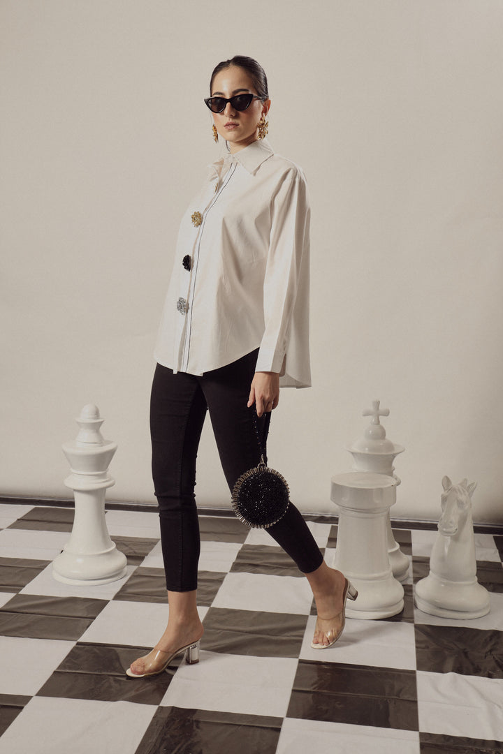 Beatrix Bejeweled Button Me Up Shirt - White