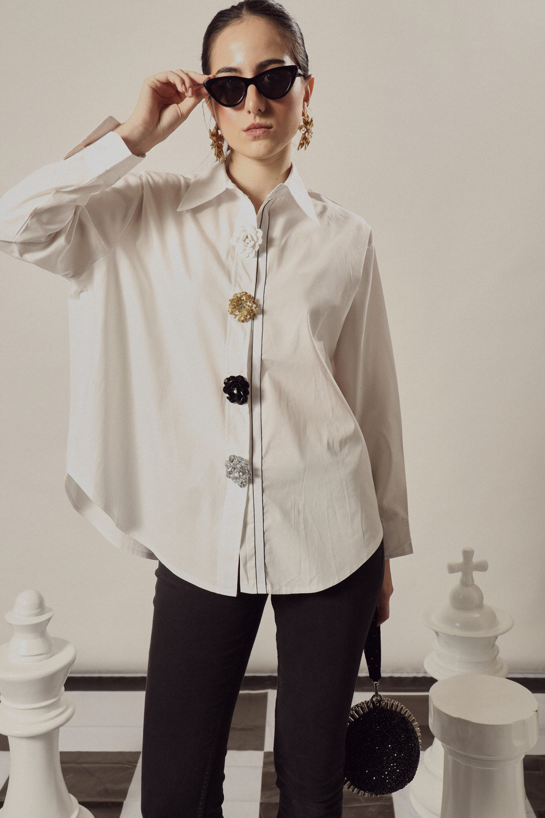 Beatrix Bejeweled Button Me Up Shirt - White