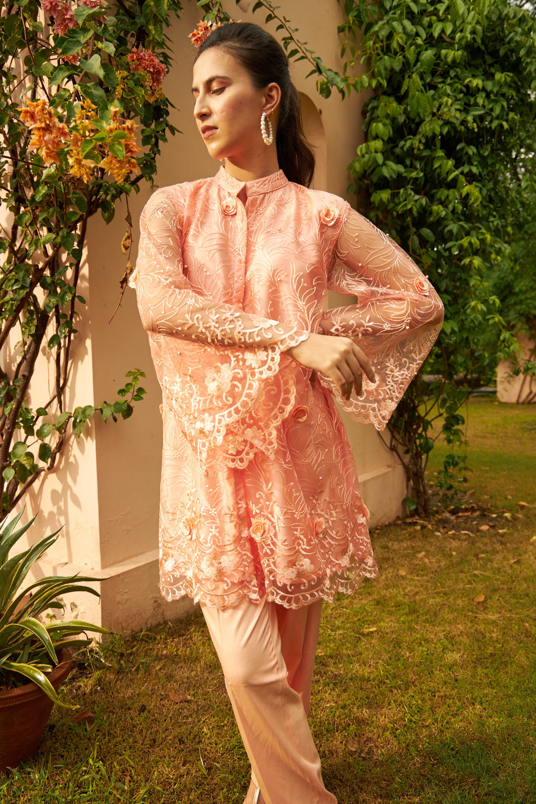 Sahanna Scalloped Tunic Co-ordinated with Straight Pants - Peach