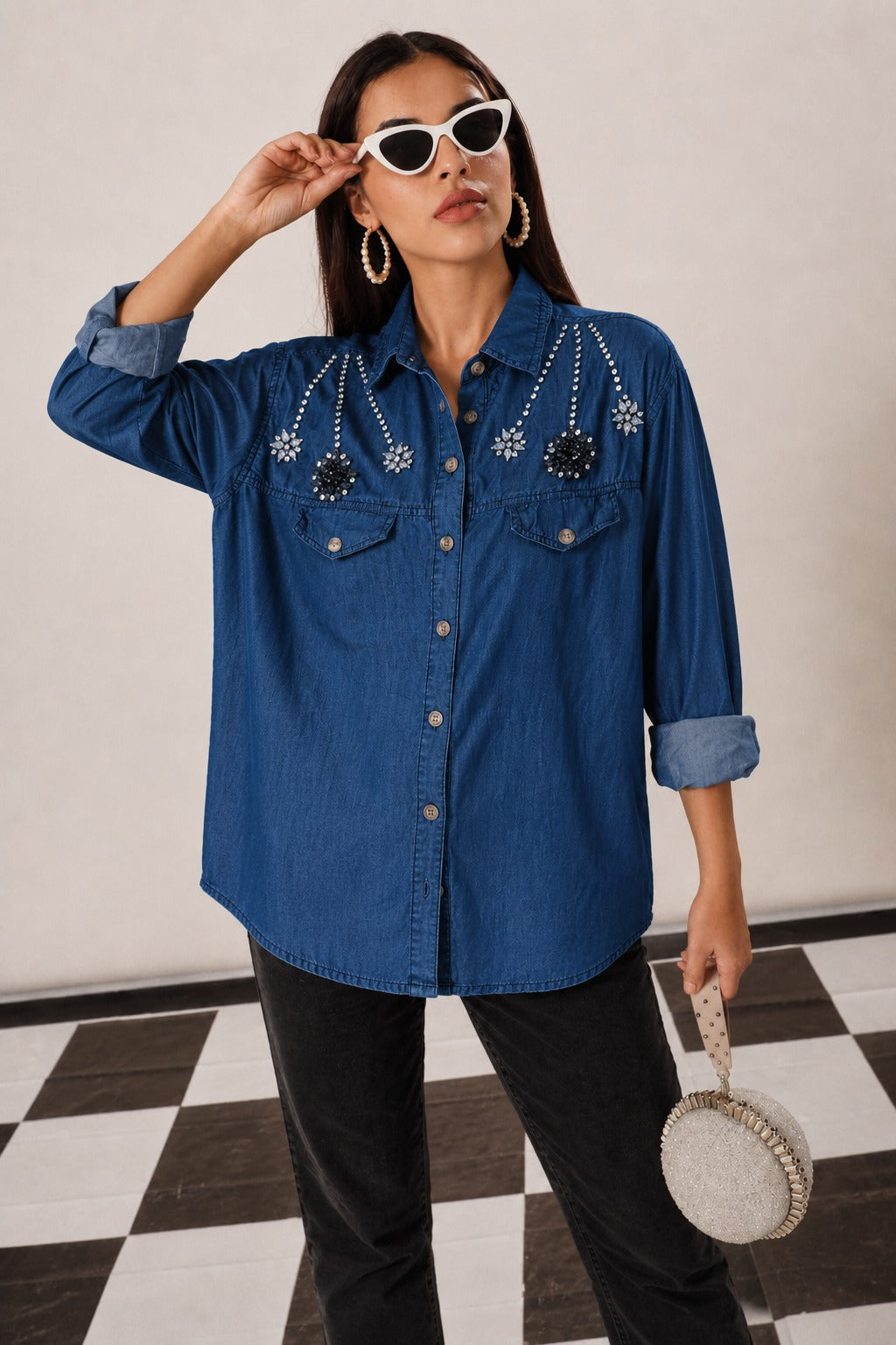 DARYL DENIM STUDDED SHIRT - BLUE
