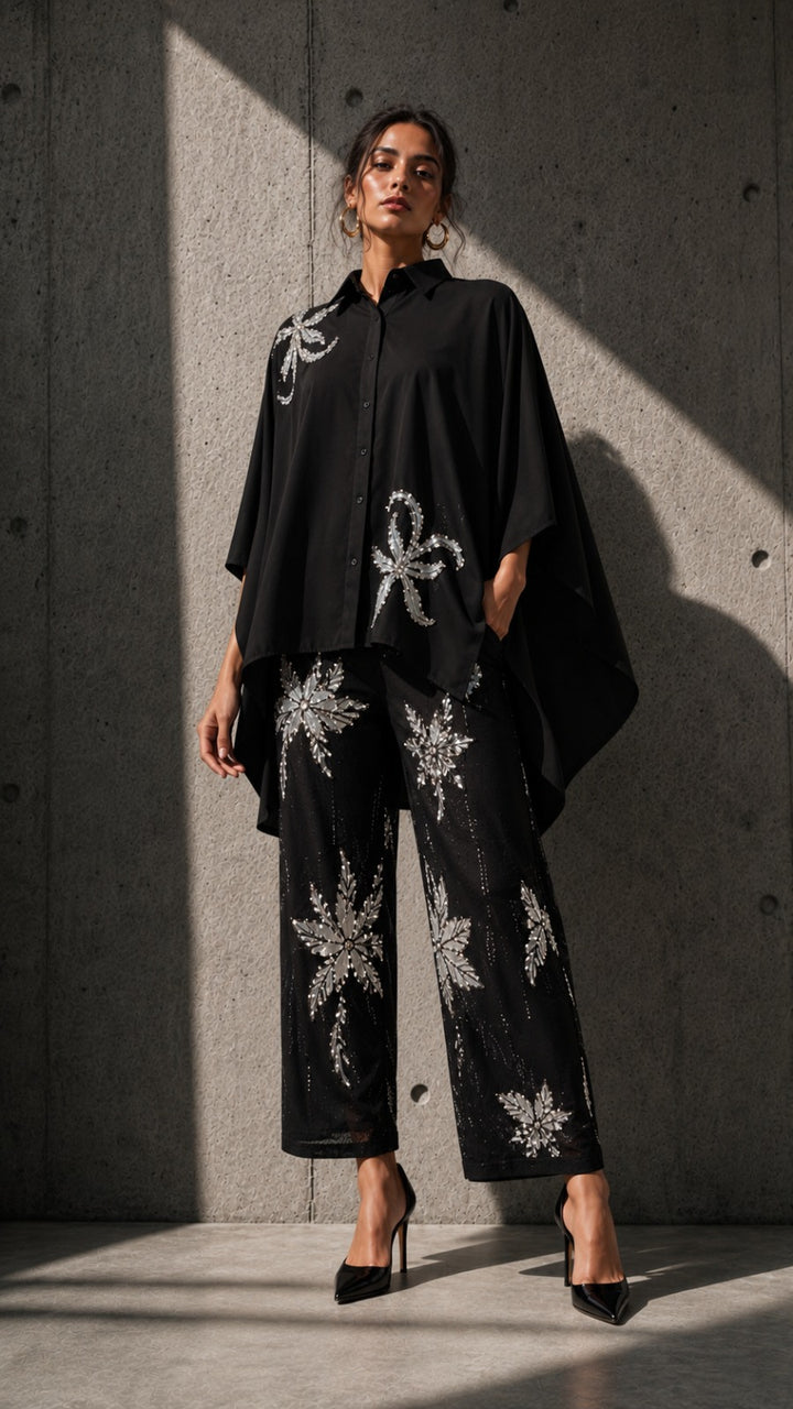 Bianca Borage Sequins Cape Set - Black