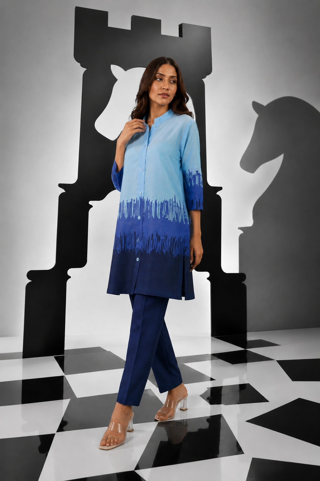 Colour Block High Neck Button Up Shirt with pants - Blue