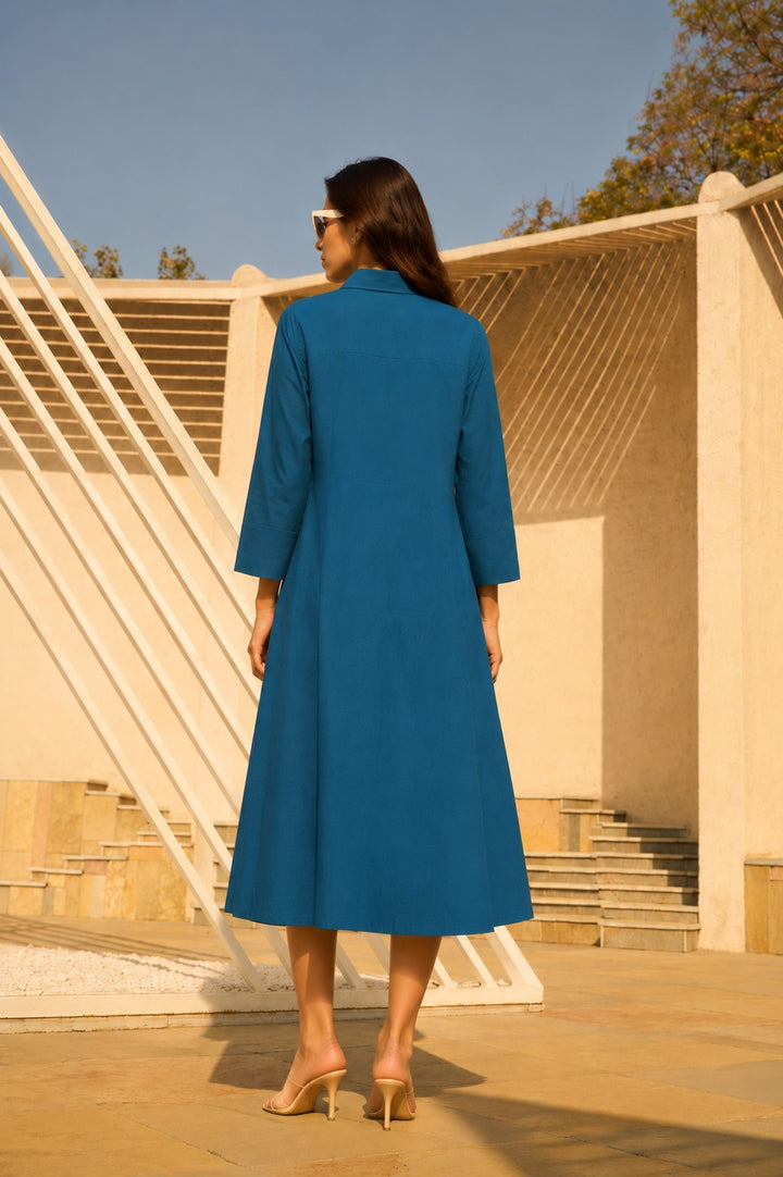 Cameron Cotton Laser Cut Shirt Dress - Blue