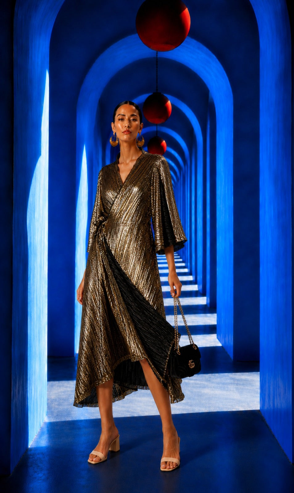 Swish Metallic Wrap Around Dress - Gold