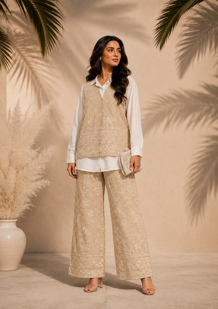 Reyna Gara Glazed Waist Coat With Coordinated Pants - Beige