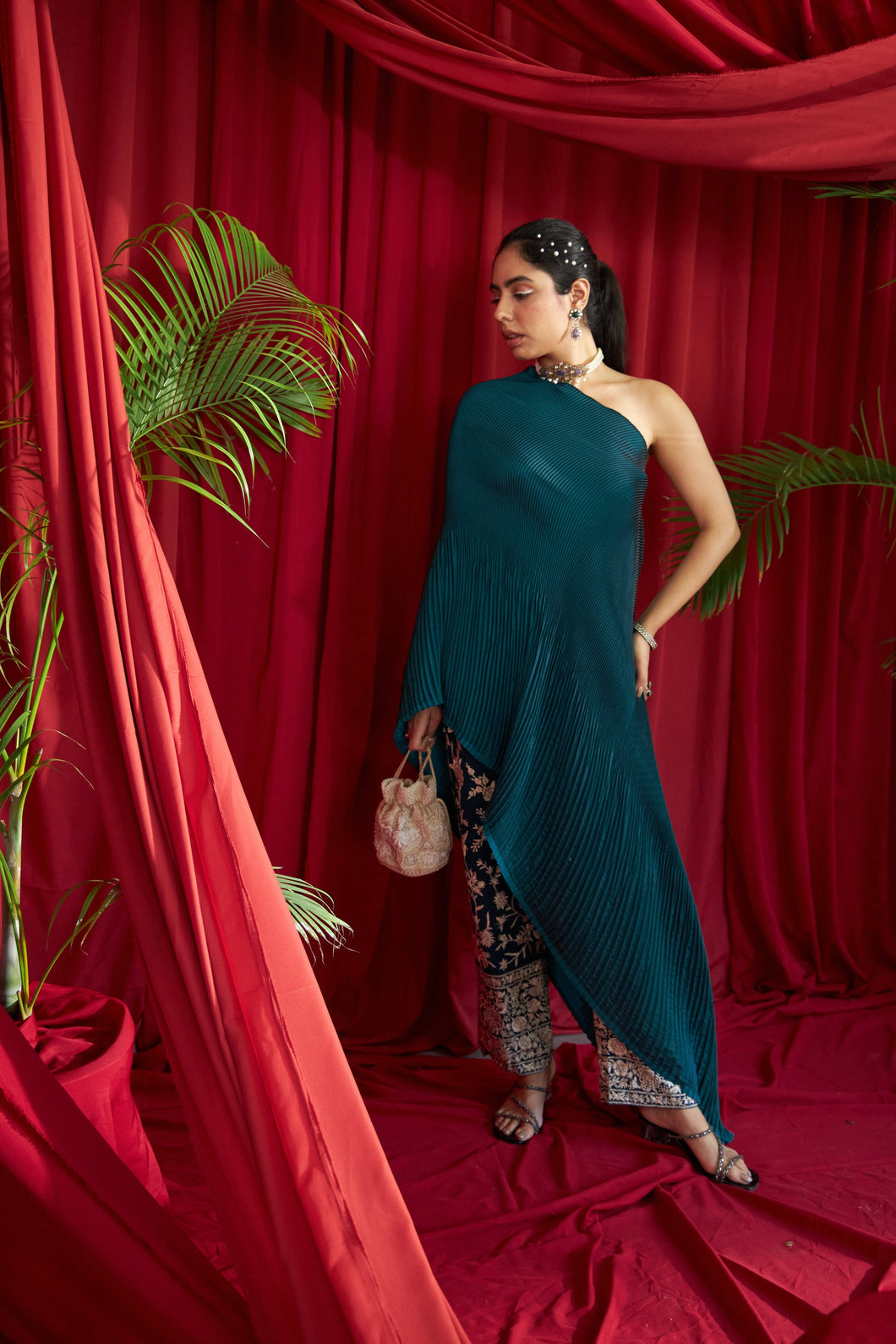 Reyna Gara Glazed Pleated Off-shoulder Cape Coordinated with Straight Pants- Teal