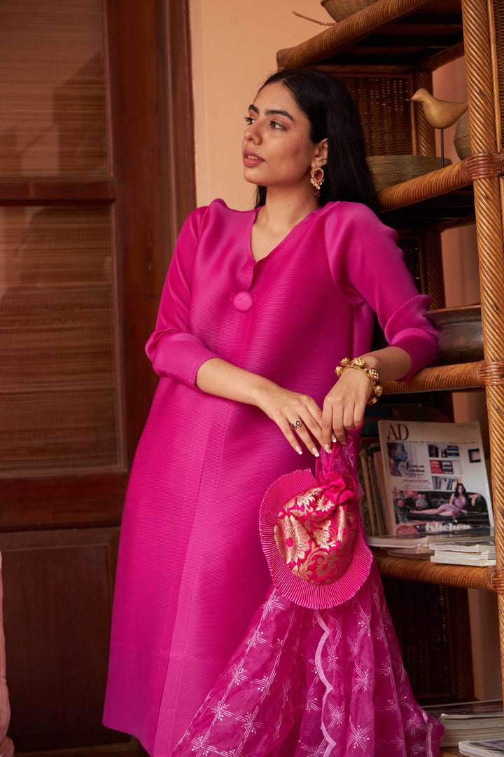 Elegant Pleated & Brocade Tunic Set with Dupatta and Potli- Magenta