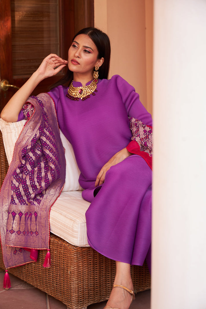Myra Mandarin Kurta with Culotte Pants and Bandhani Chunni - Purple