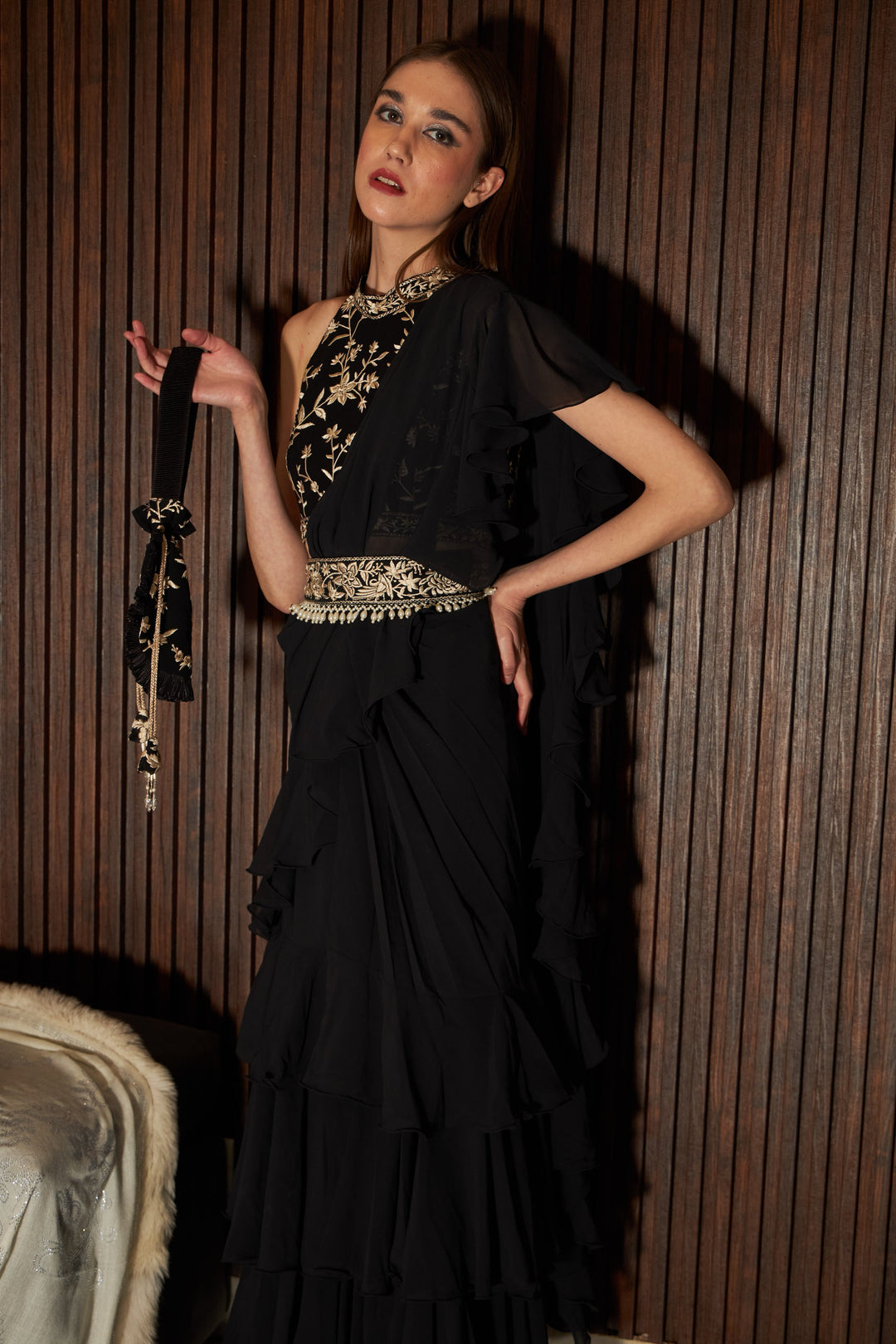 Reyna Glazed Classy Ruffle Saree with Gara Blouse and Belt - Black