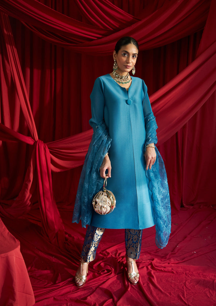 Elegant Pleated & Brocade Tunic Set with Dupatta - Teal