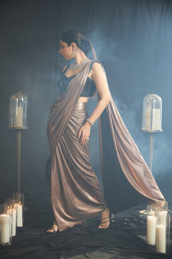 Saia Metallic Slit Saree with Embellished Blouse - Russet