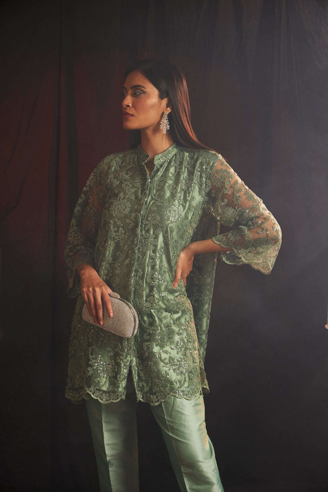 Seraphic Sequins Floral Fragrant Tunic Set - Pistachio