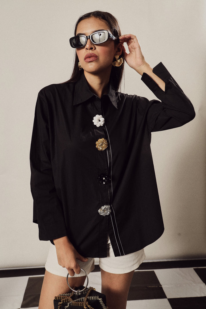 Beatrix Bejeweled Button Me Up Shirt - Black