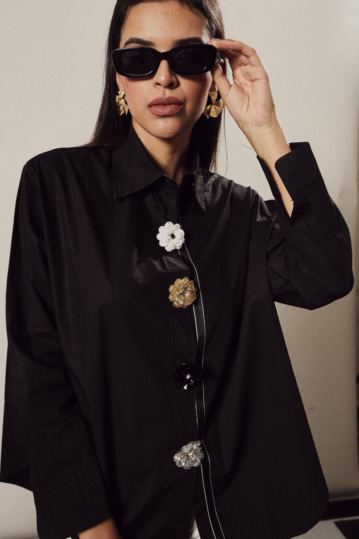 Beatrix Bejeweled Button Me Up Shirt - Black