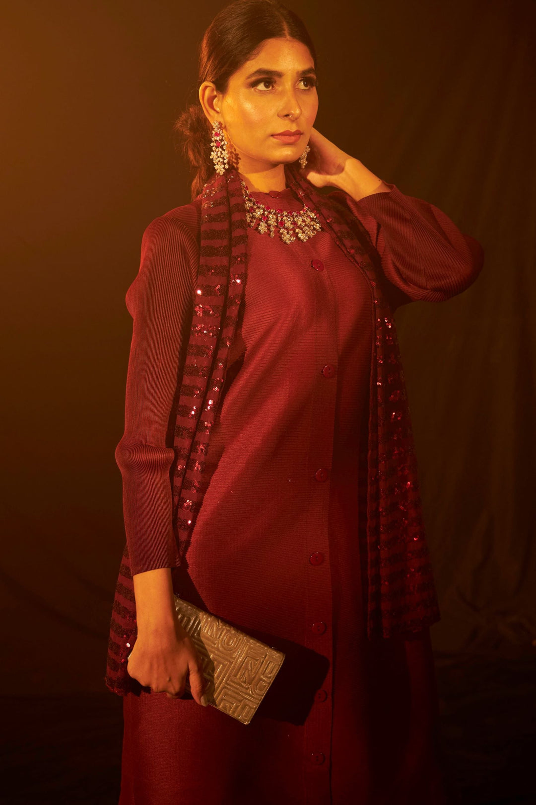Bandgala Tunic Set with Seq Pant and Seq Scarf - Maroon