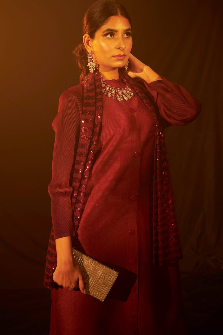 Bandgala Tunic Set with Seq Pant and Seq Scarf - Maroon