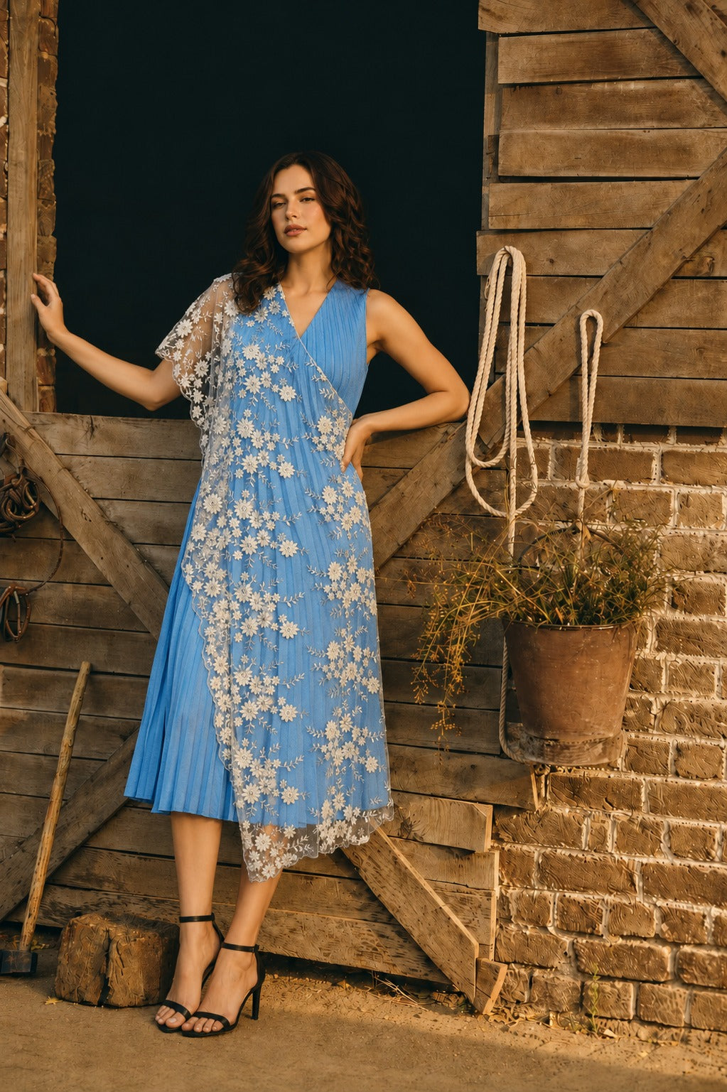 Sienna dress with lace overlay - Blue & White