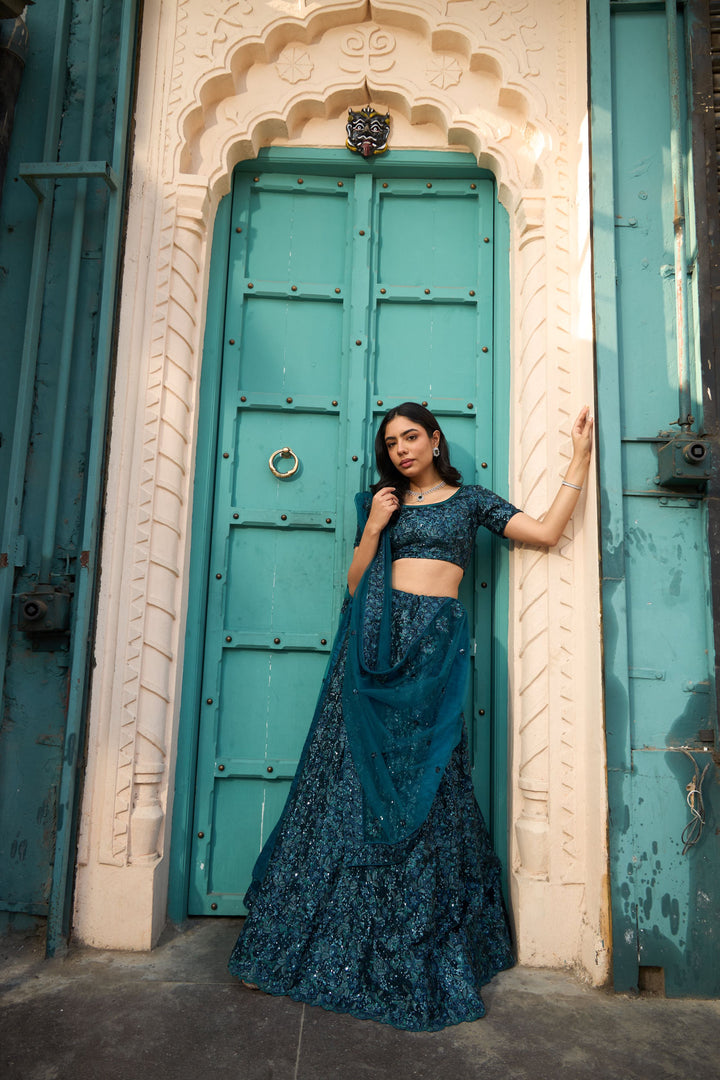 Saira Sequined Symphony Ghaghra And Chunni - Teal