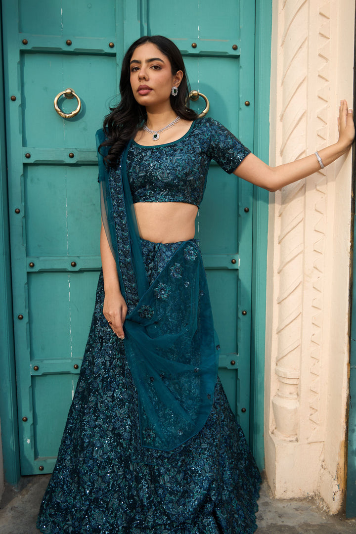 Saira Sequined Symphony Ghaghra And Chunni - Teal