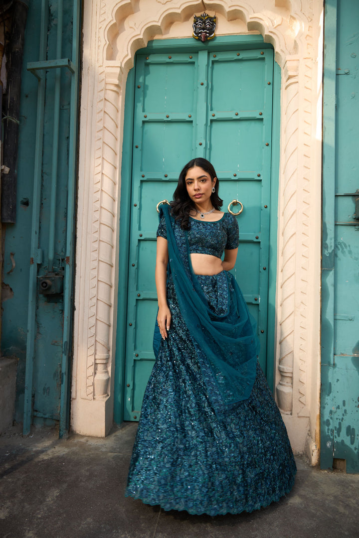 Saira Sequined Symphony Ghaghra And Chunni - Teal